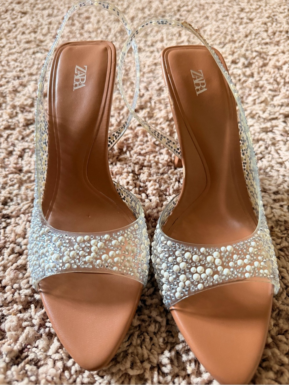 Zara Pearl-Embellished Tan Slingback Heels - Picture 2 of 5
